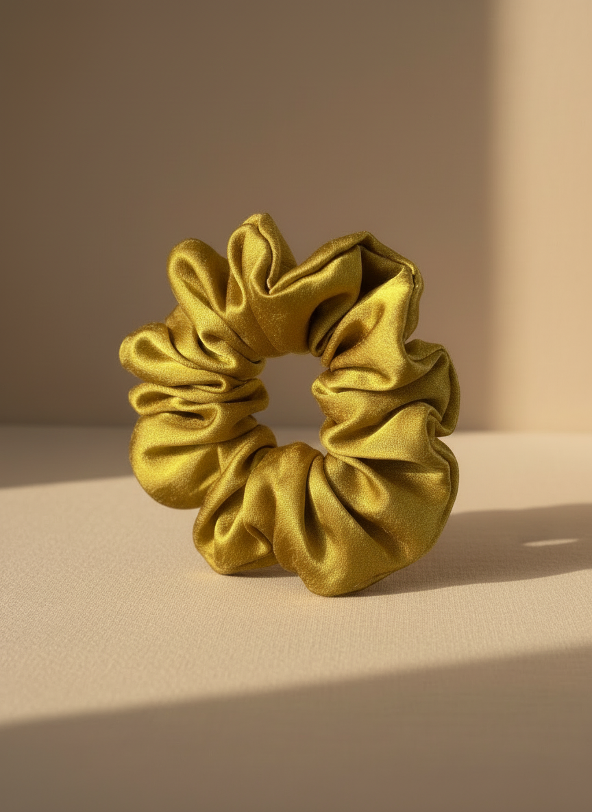 Green Tea Aroma Gold scrunchie on a beige background,handmade silk scrunchie