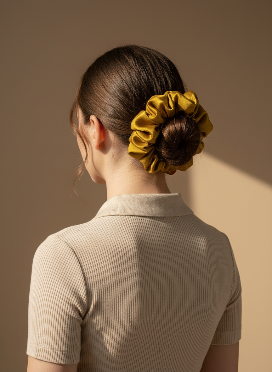 Person wearing a Gold Handmade Green Tea Scented Mulberry Silk Scrunchies  in her hair against a beige background