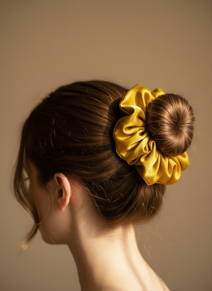 Woman with a yellow gold mulberry scrunchie with green tea aroma in her hair against a beige background,handmade silk scrunchie