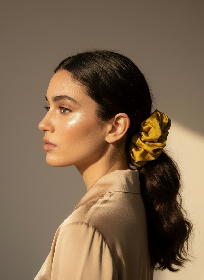 Woman with a Gold Handmade Green Tea Scented Mulberry Silk Scrunchies in her hair against a neutral background