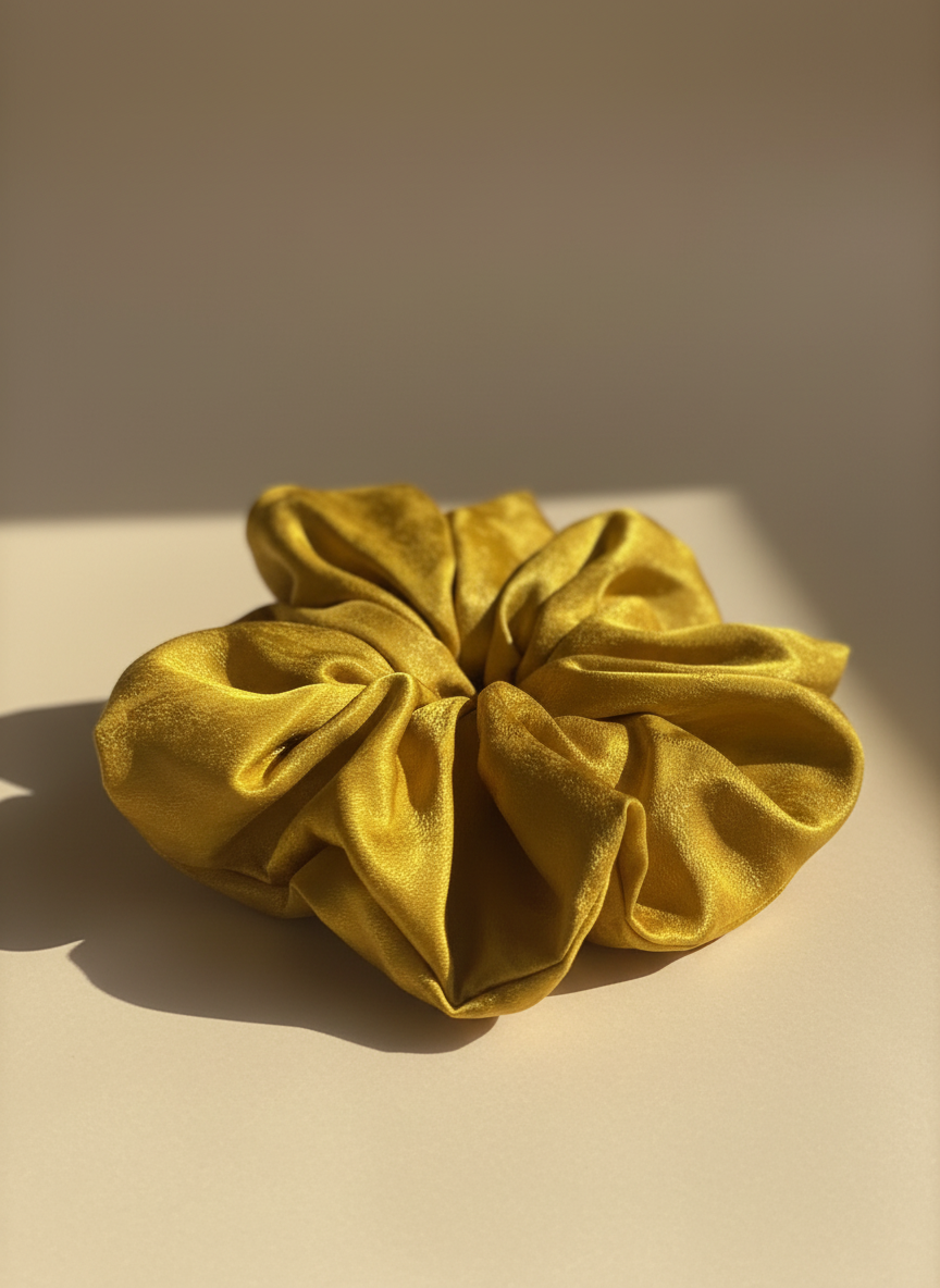 Gold Handmade Green Tea Scented Mulberry Silk Scrunchies on a beige surface with a neutral background