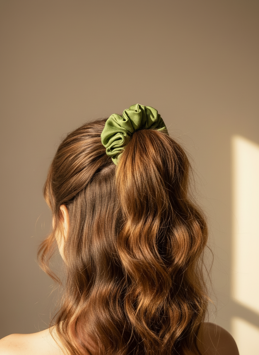 Person with wavy hair wearing a green mulberry silk scrunchie with green tea aroma on a plain background, handmade silk scrunchie