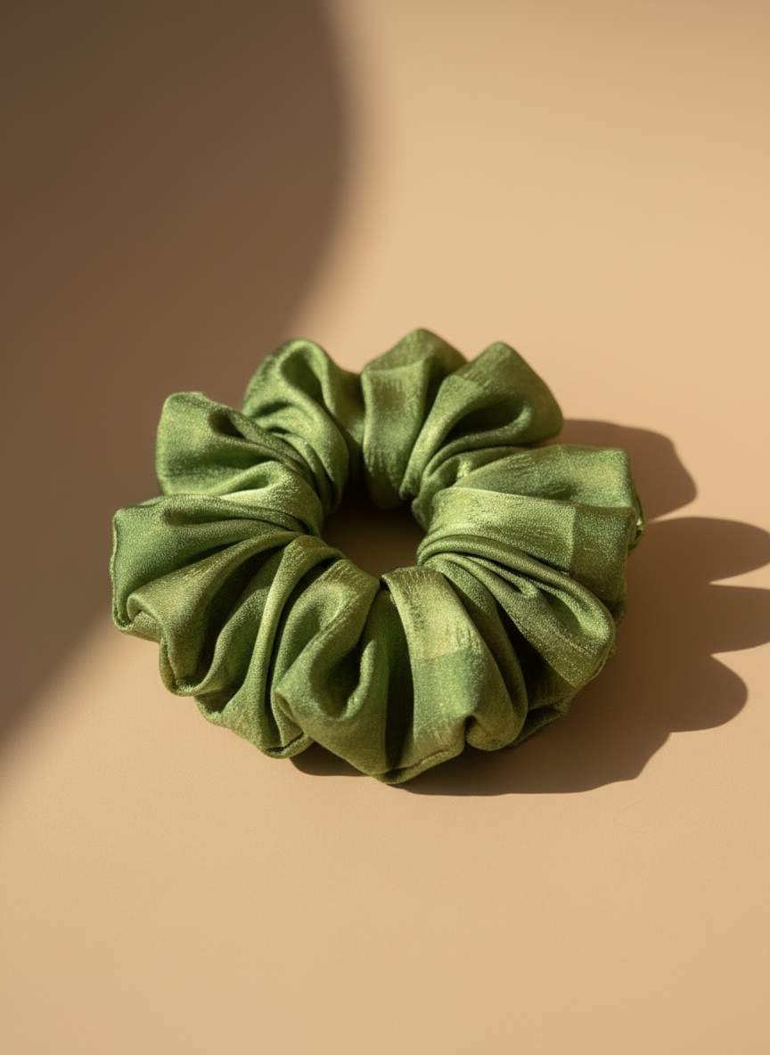 Green green tea fragrant mulberry silk scrunchie on a beige background,handmade silk scrunchie