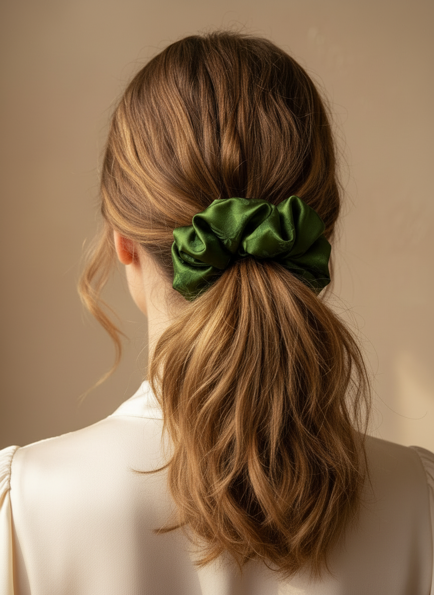 Person with a handmade green mulberry silk scrunchie with natural rose scented in their hair against a neutral background