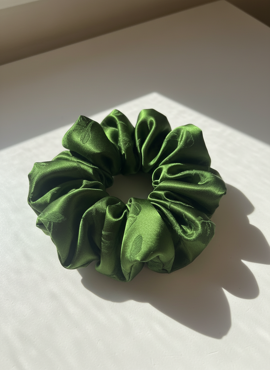 Green handmade ripply mulberry silk scrunchie with natural rose scented on a white surface