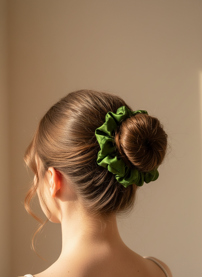 Woman with a styled hair bun featuring a Green handmade ripply mulberry silk scrunchie with natural rose scented against a neutral background