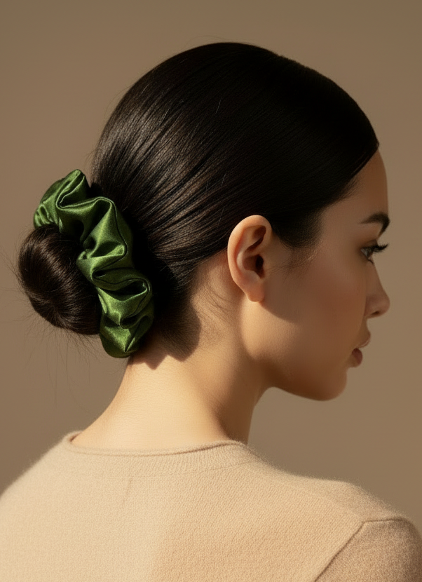 Woman with a Green handmade ripply mulberry silk scrunchie with natural rose scented in her hair against a beige background