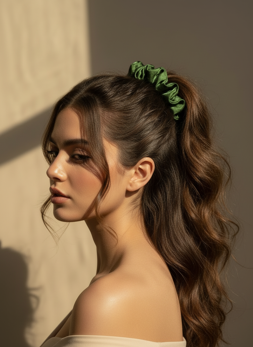 Woman with styled hair and Green handmade ripply mulberry silk scrunchie with natural rose scented against a neutral background