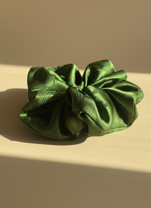 Green handmade ripply mulberry silk scrunchie with natural rose scented on a beige background
