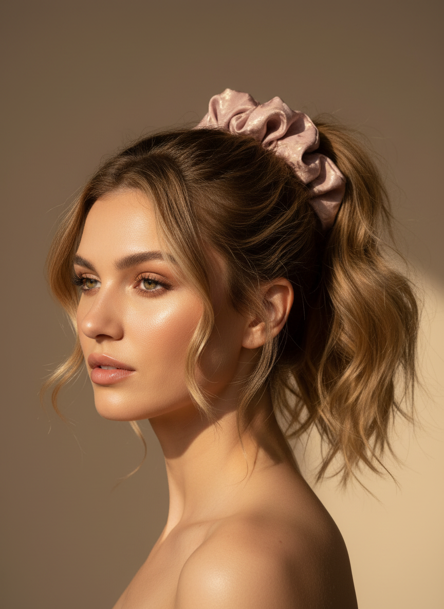 Woman with a stylish Pink handmade rose aromatic scented mulberry silk scrunchie against a neutral background