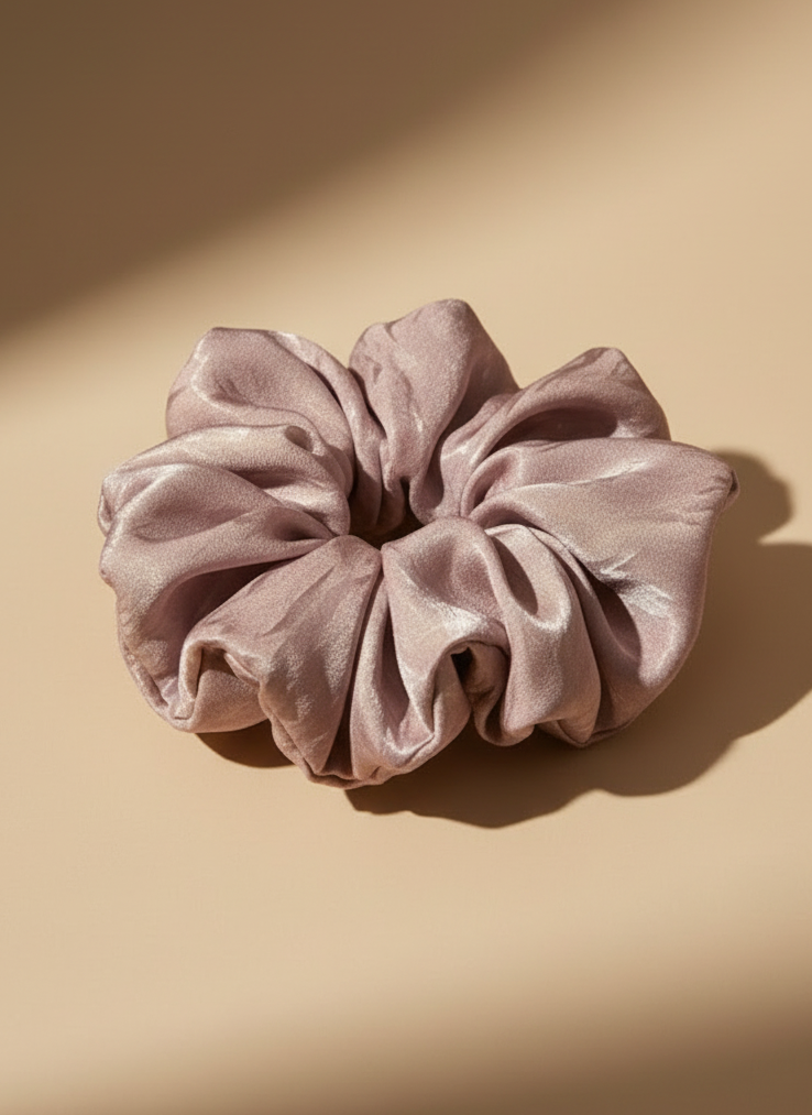 Pink handmade mulberry silk scrunchie with peony aroma scent on a beige background