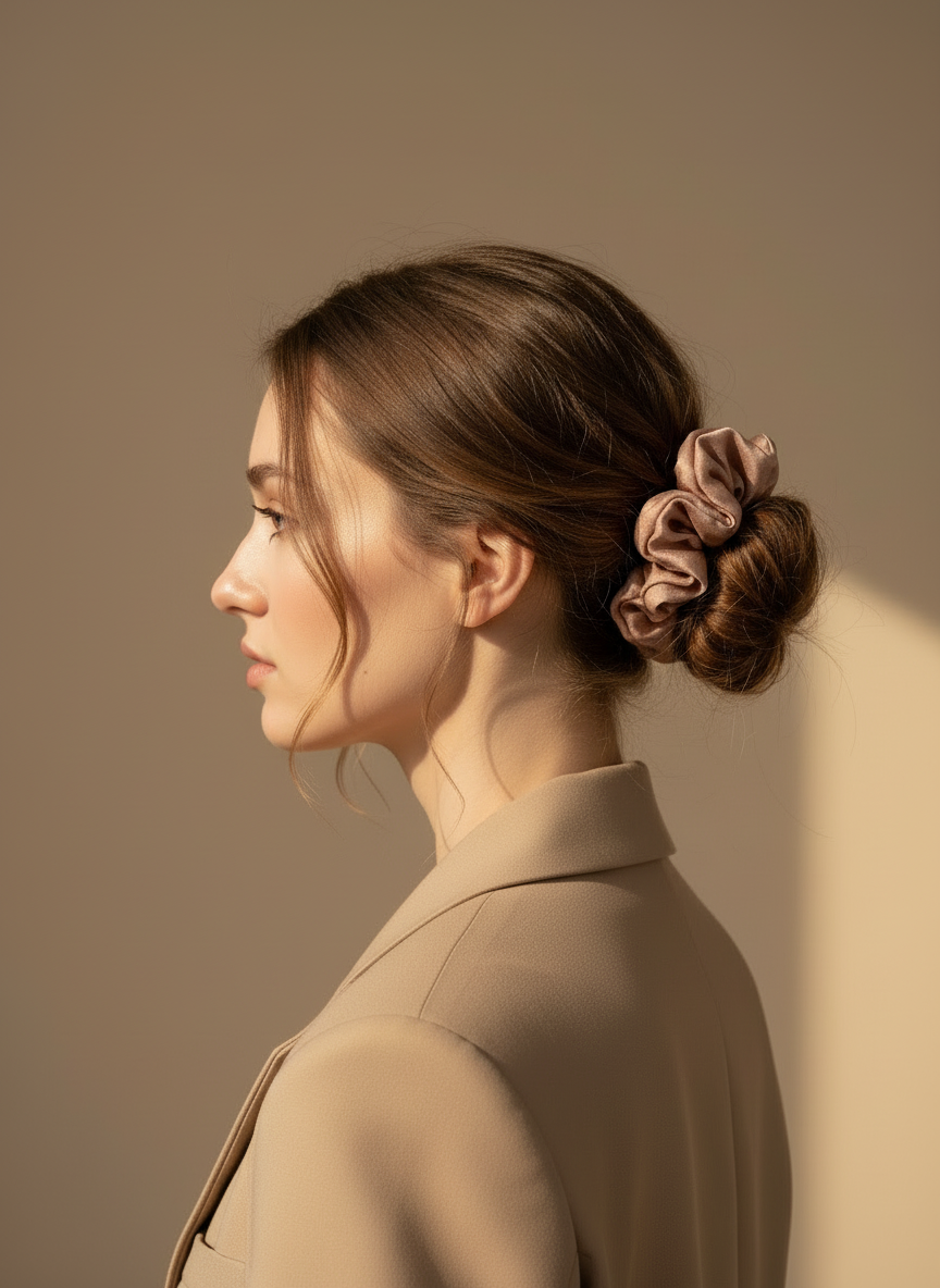 Woman with a stylish hair bun wearing Pink handmade mulberry silk scrunchie with peony aroma scent  and a beige coat against a neutral background