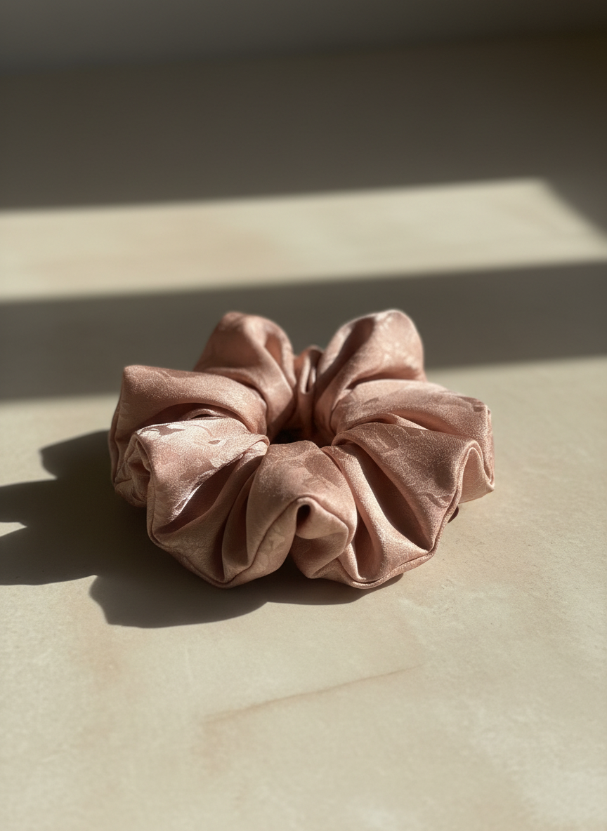 Pink scrunchie ,Pink handmade mulberry silk scrunchie with peony aroma scent on a beige surface with soft shadows