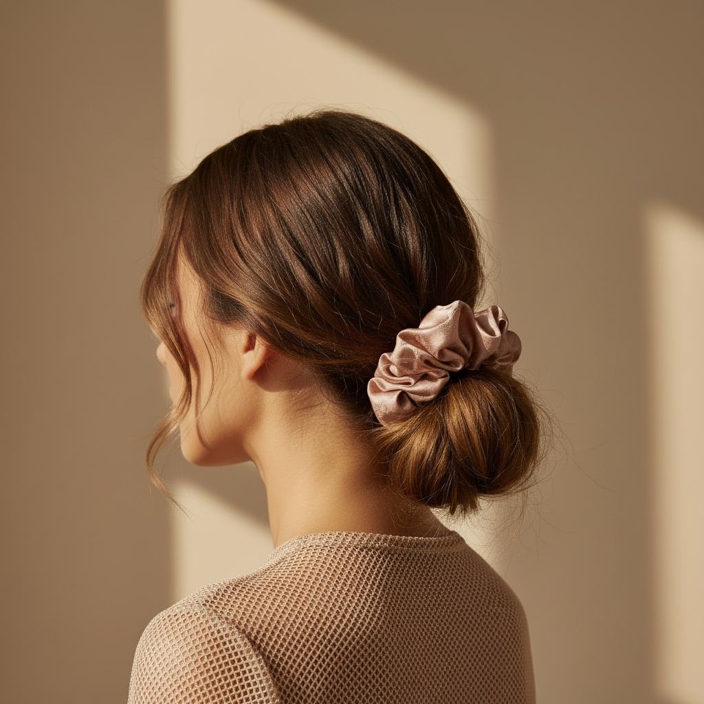 Woman with a bun and Pink handmade mulberry silk scrunchie with peony aroma scent scrunchie against a beige wall