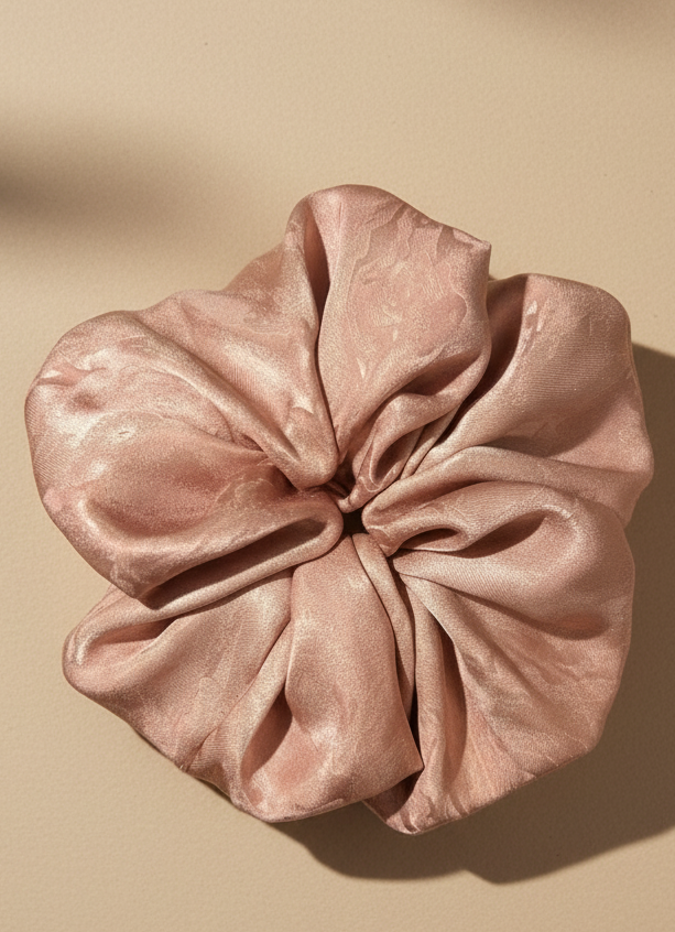Pink handmade mulberry silk scrunchie with peony aroma scent on a beige background