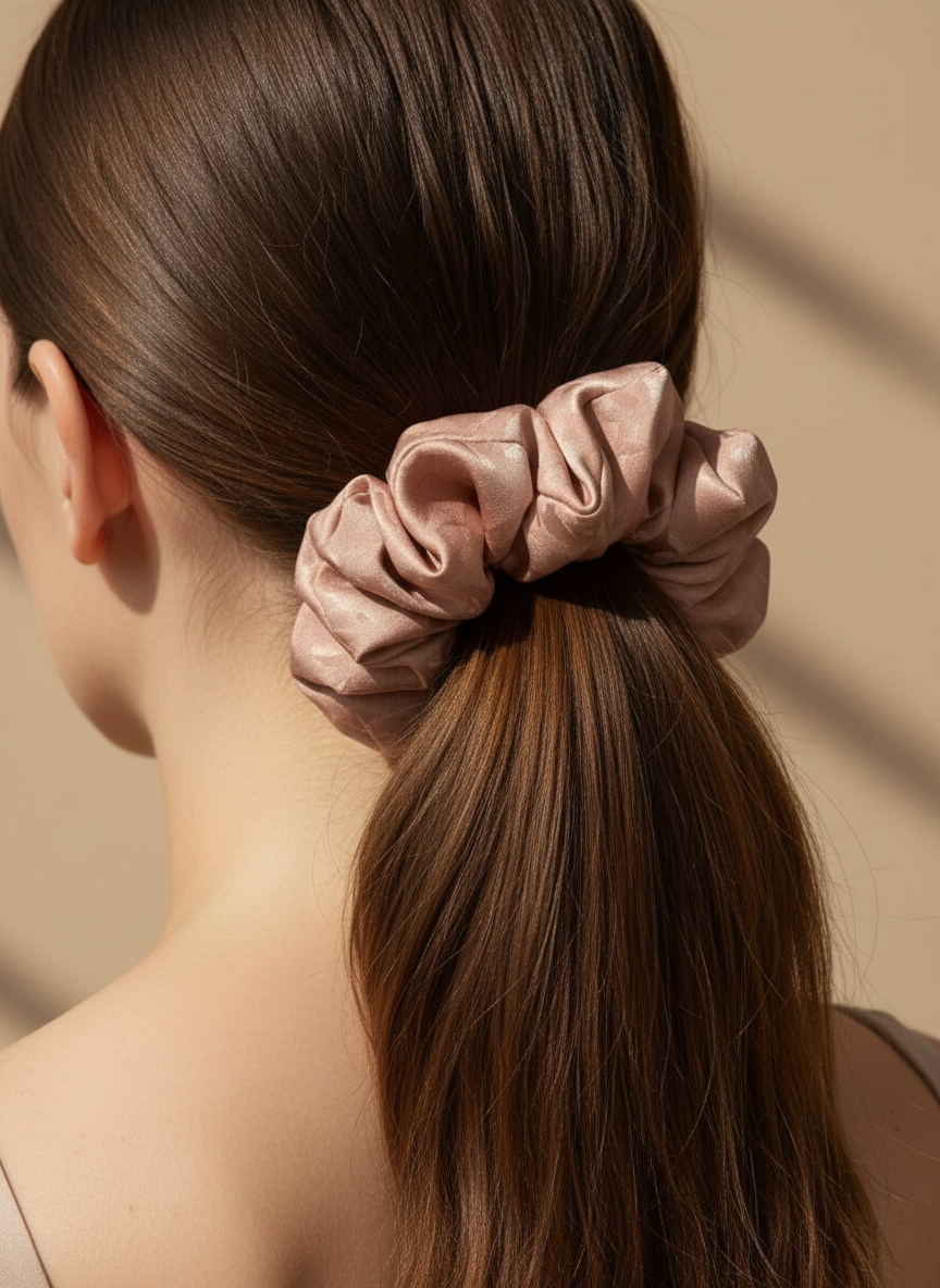 Woman with a high ponytail held by a pink Pink handmade mulberry silk scrunchie with peony aroma scent against a beige background