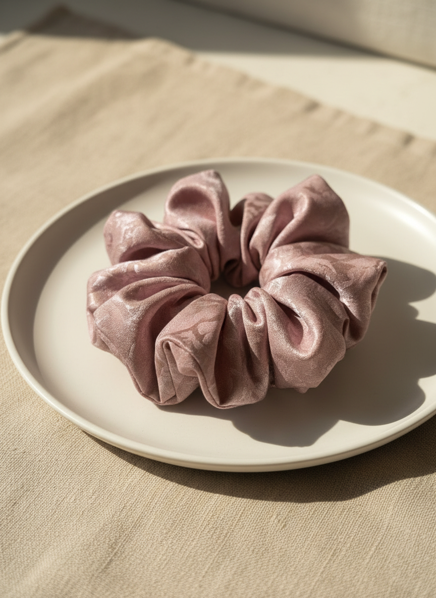 Pink handmade mulberry silk scrunchie with peony aroma scent on a white plate with a beige background