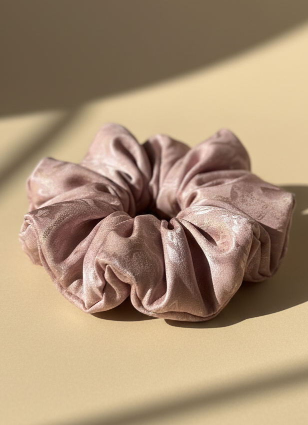 Pink handmade rose aromatic scented ripply mulberry silk scrunchie on a beige background