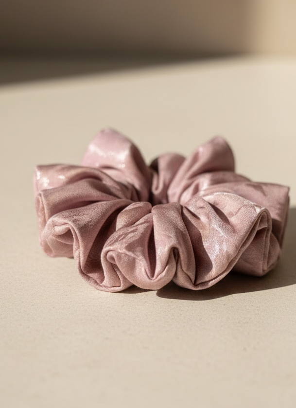 Pink handmade rose aromatic scented mulberry silk scrunchie on a beige background