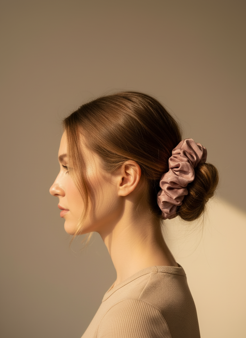 Woman with a Pink handmade rose aromatic scented mulberry silk scrunchie in her hair against a neutral background