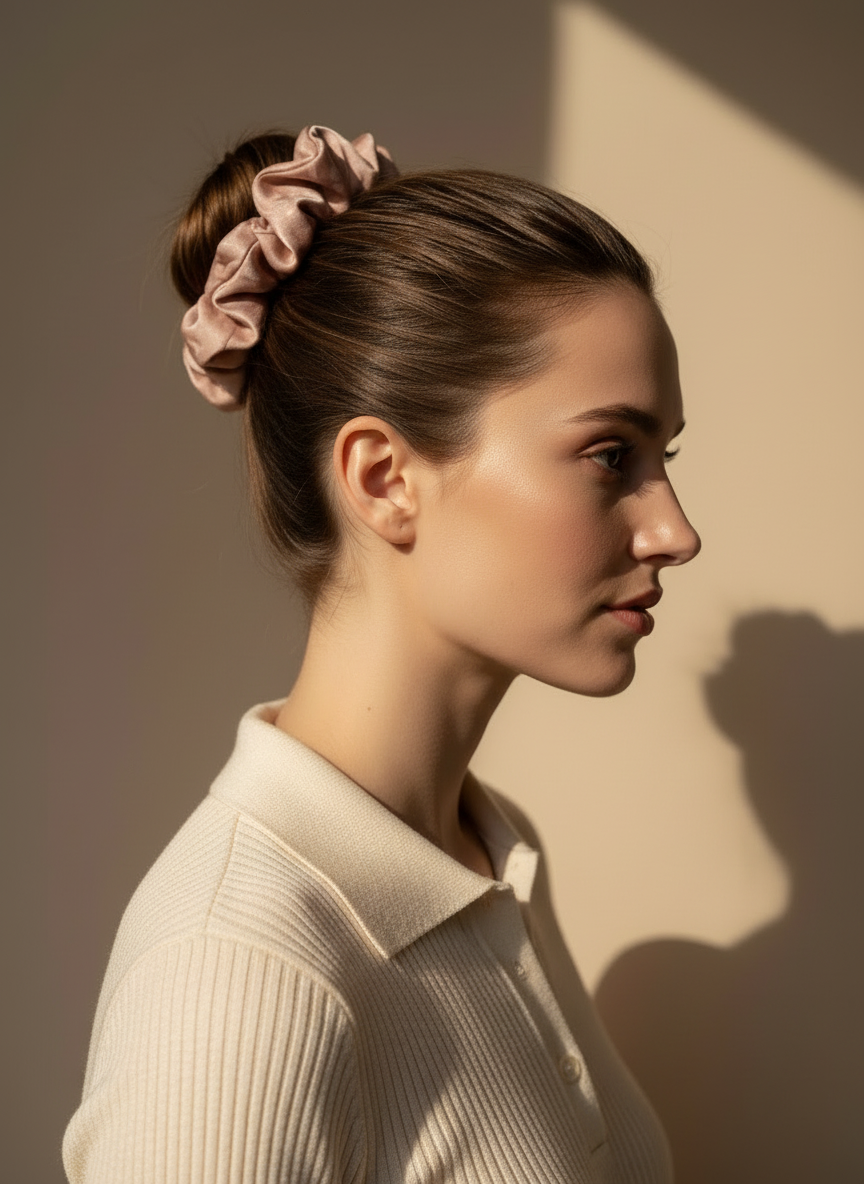 Woman with a Pink handmade mulberry silk scrunchie with peony aroma scent scrunchie in her hair against a beige background