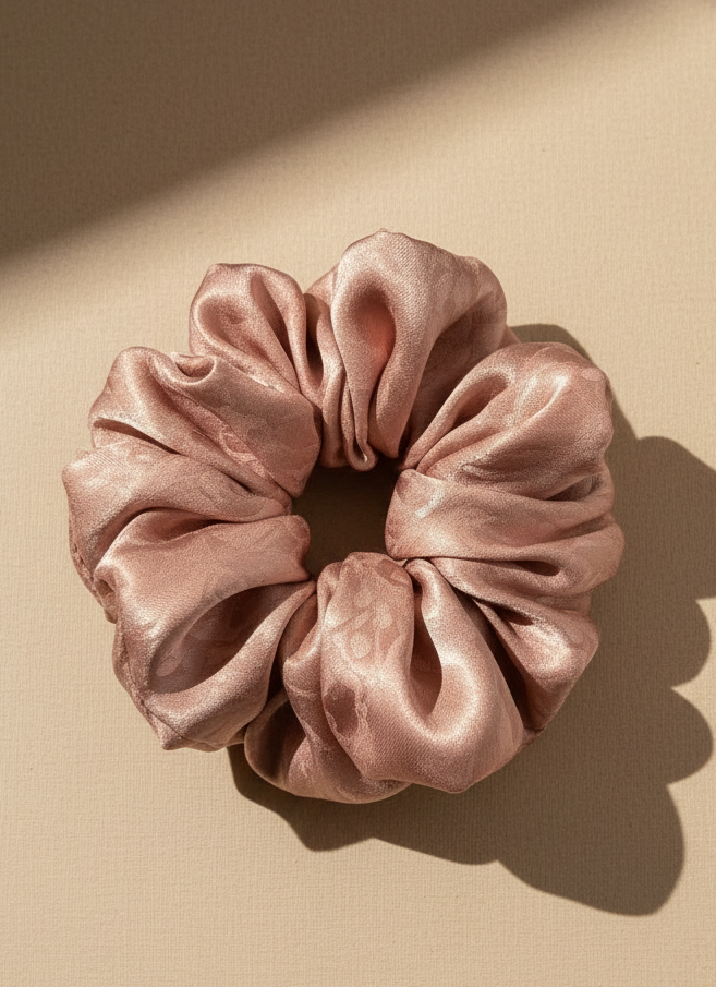 Pink Pink handmade mulberry silk scrunchie with peony aroma scent on a beige background