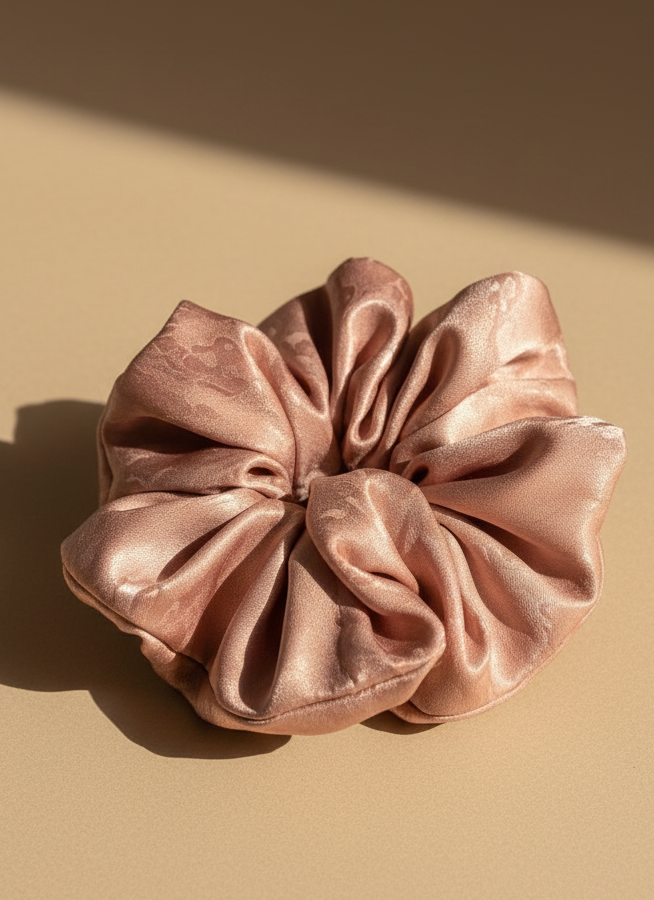 Pink handmade rose aromatic scented mulberry silk scrunchie on a beige background