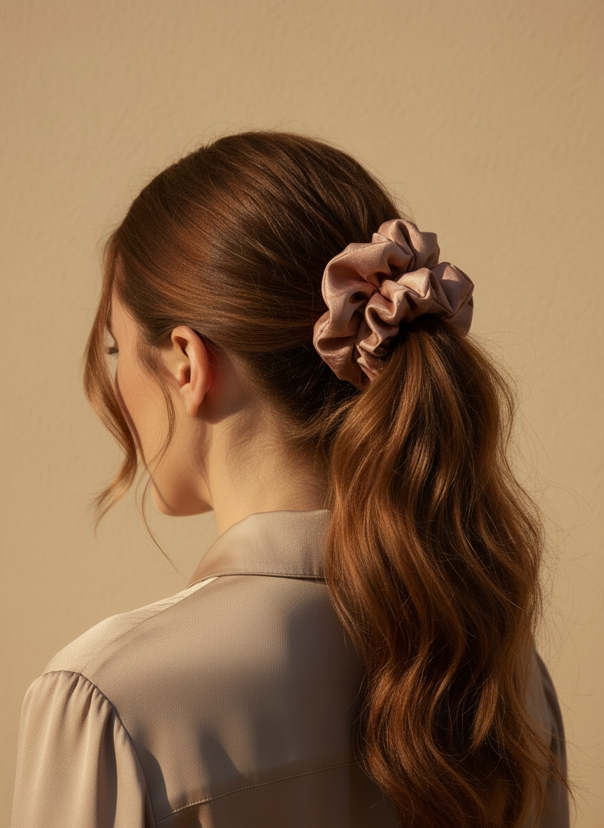 Woman with a ponytail and Pink handmade rose aromatic scented mulberry silk scrunchie against a beige background
