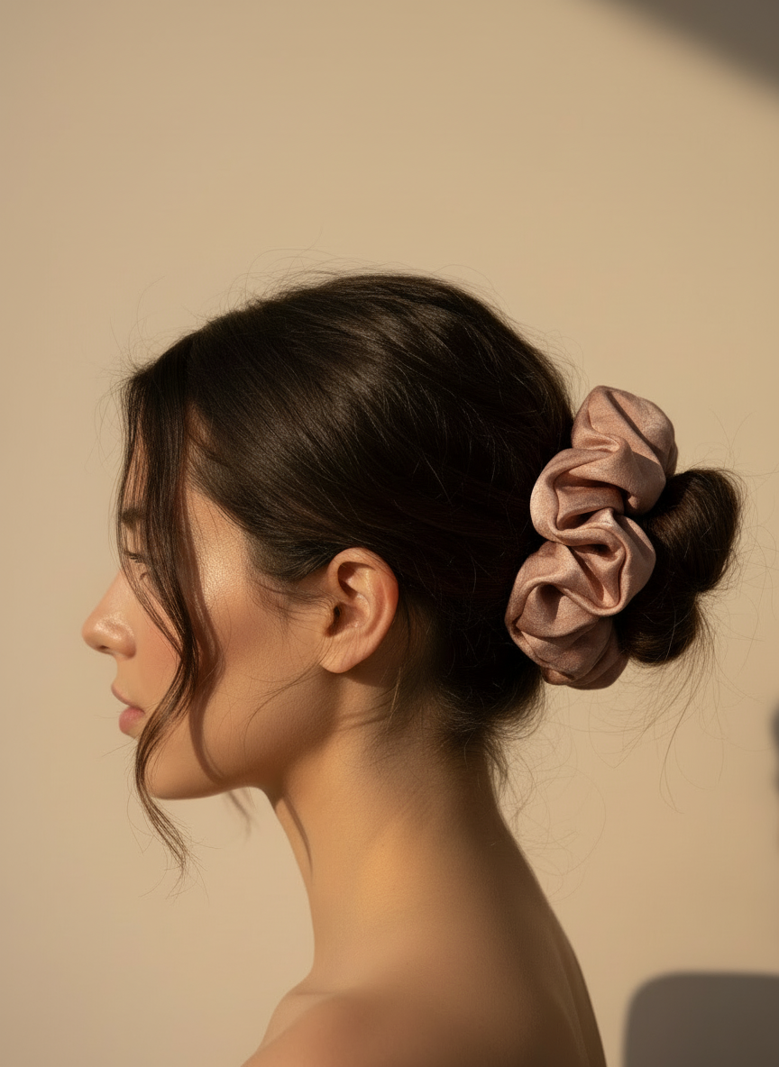 Woman with a Pink handmade rose aromatic scented mulberry silk scrunchie in her hair against a beige background