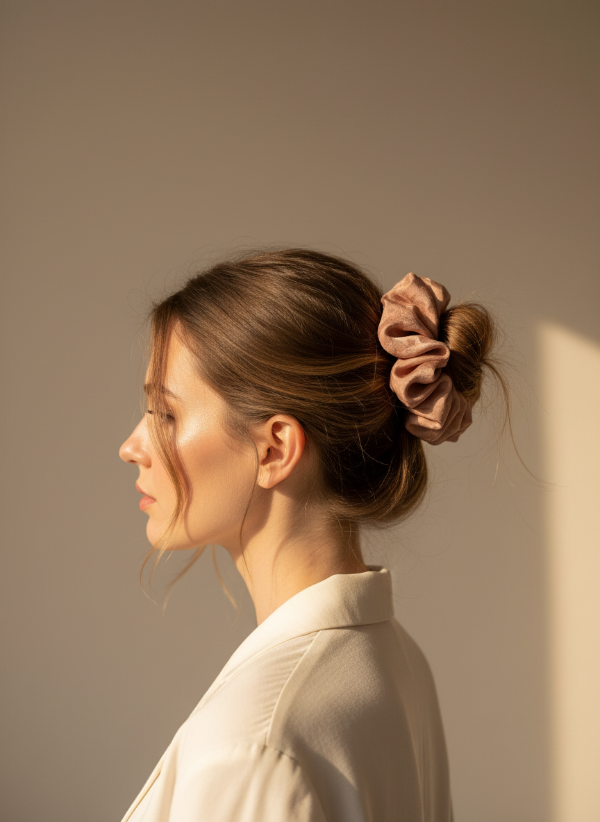 Woman with a bun and Pink handmade mulberry silk scrunchie with peony aroma scent against a neutral background