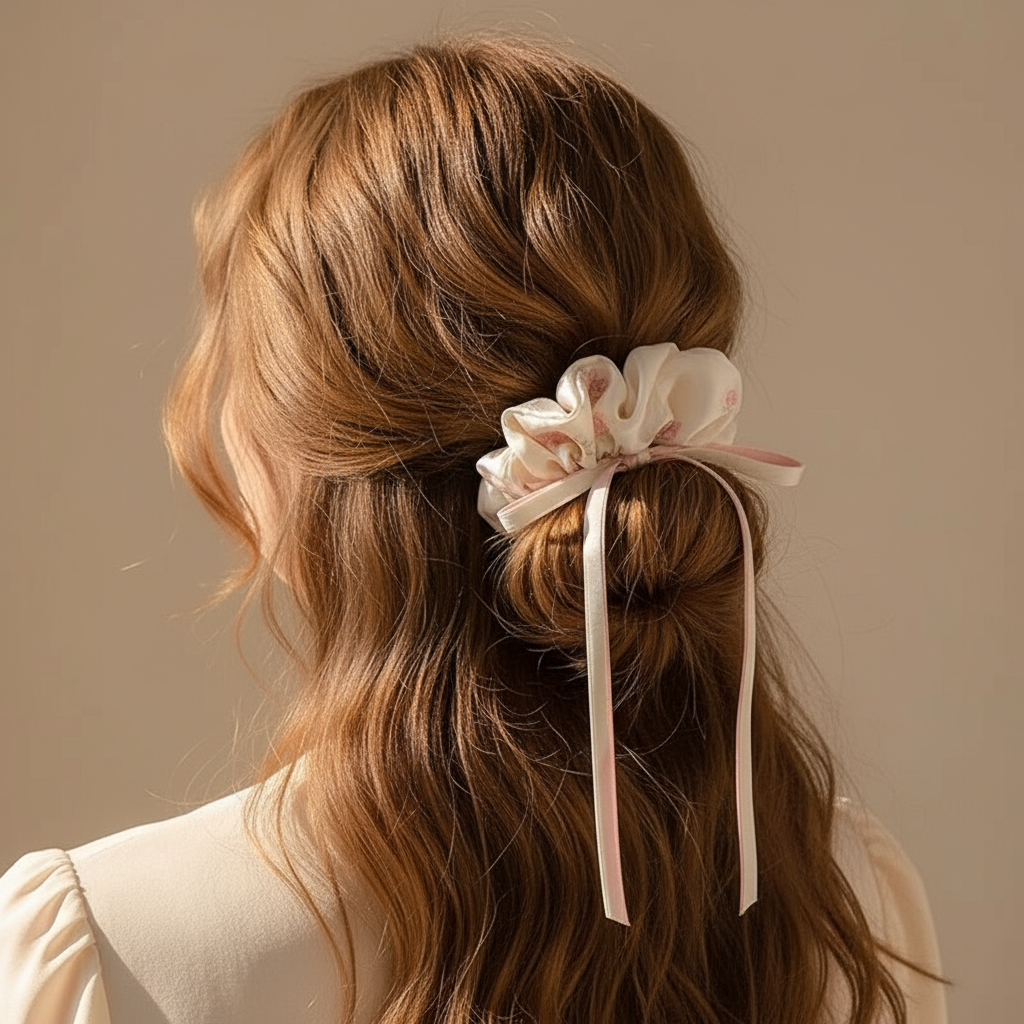 Satin Blush Floral Scrunchies  with Ribbon