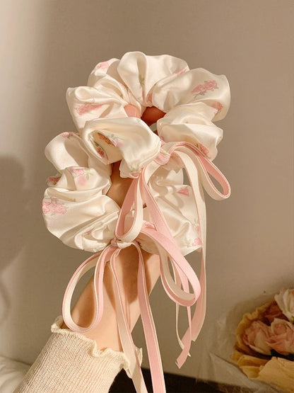 Satin Blush Floral Scrunchies