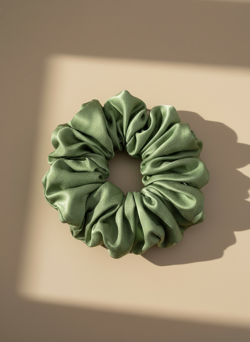 Green mulberry scrunchie with green tea scented on a beige background,handmade silk scrunchie