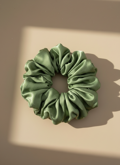 Green mulberry scrunchie with green tea scented on a beige background,handmade silk scrunchie