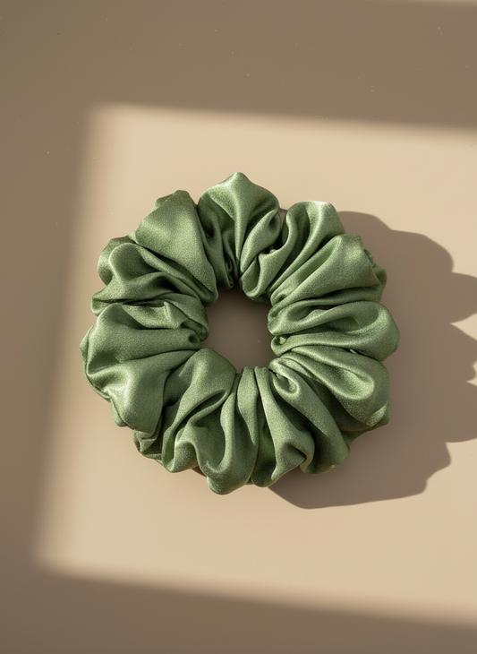 Green mulberry scrunchie with green tea scented on a beige background,handmade silk scrunchie