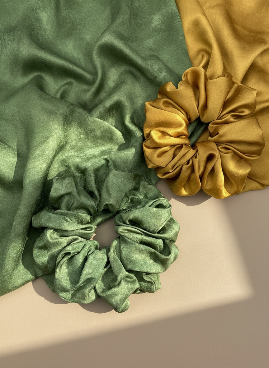 Green and Gold Handmade Green Tea Scented Mulberry Silk Scrunchies  on a beige surface with their origins of silk fabric 