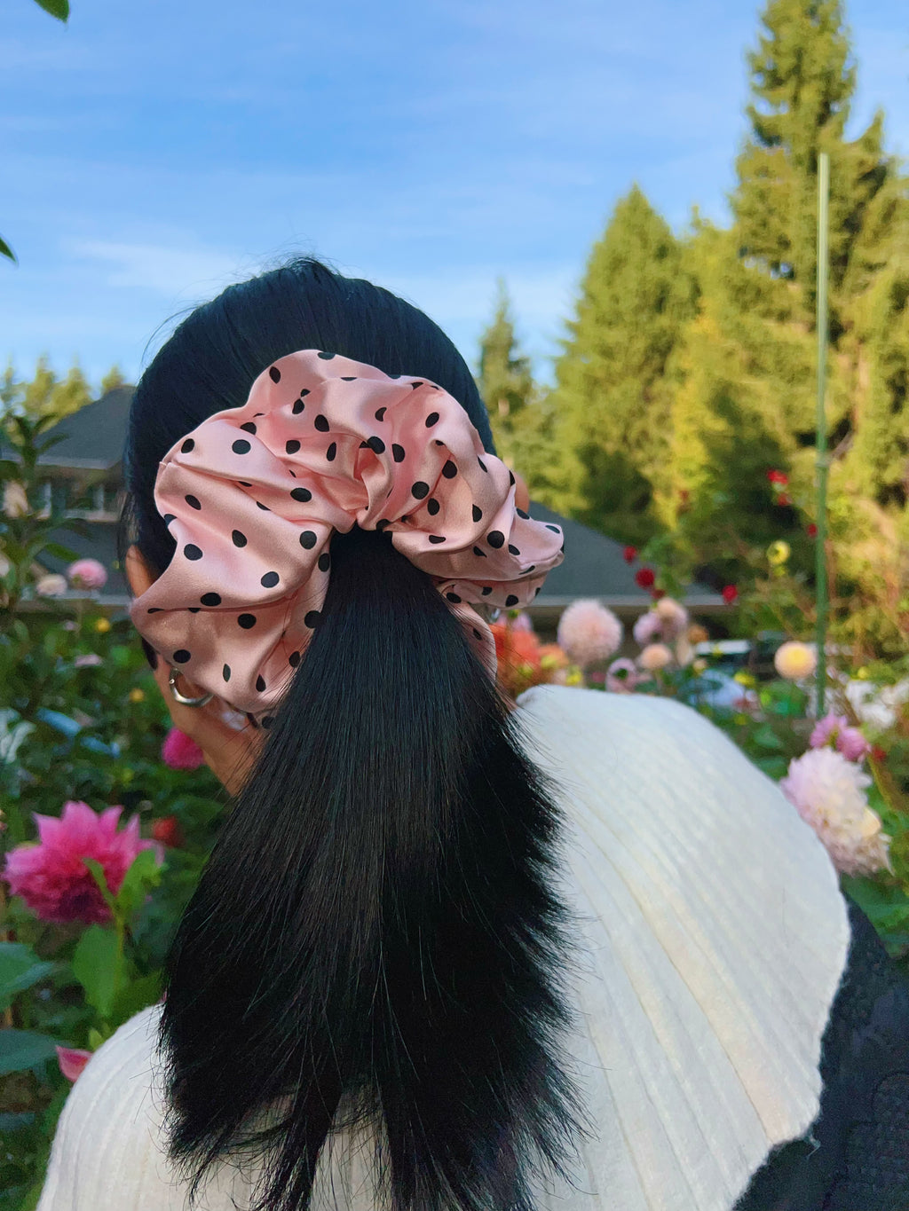 Large Dahlia Polka Mulberry Silk Scrunchies