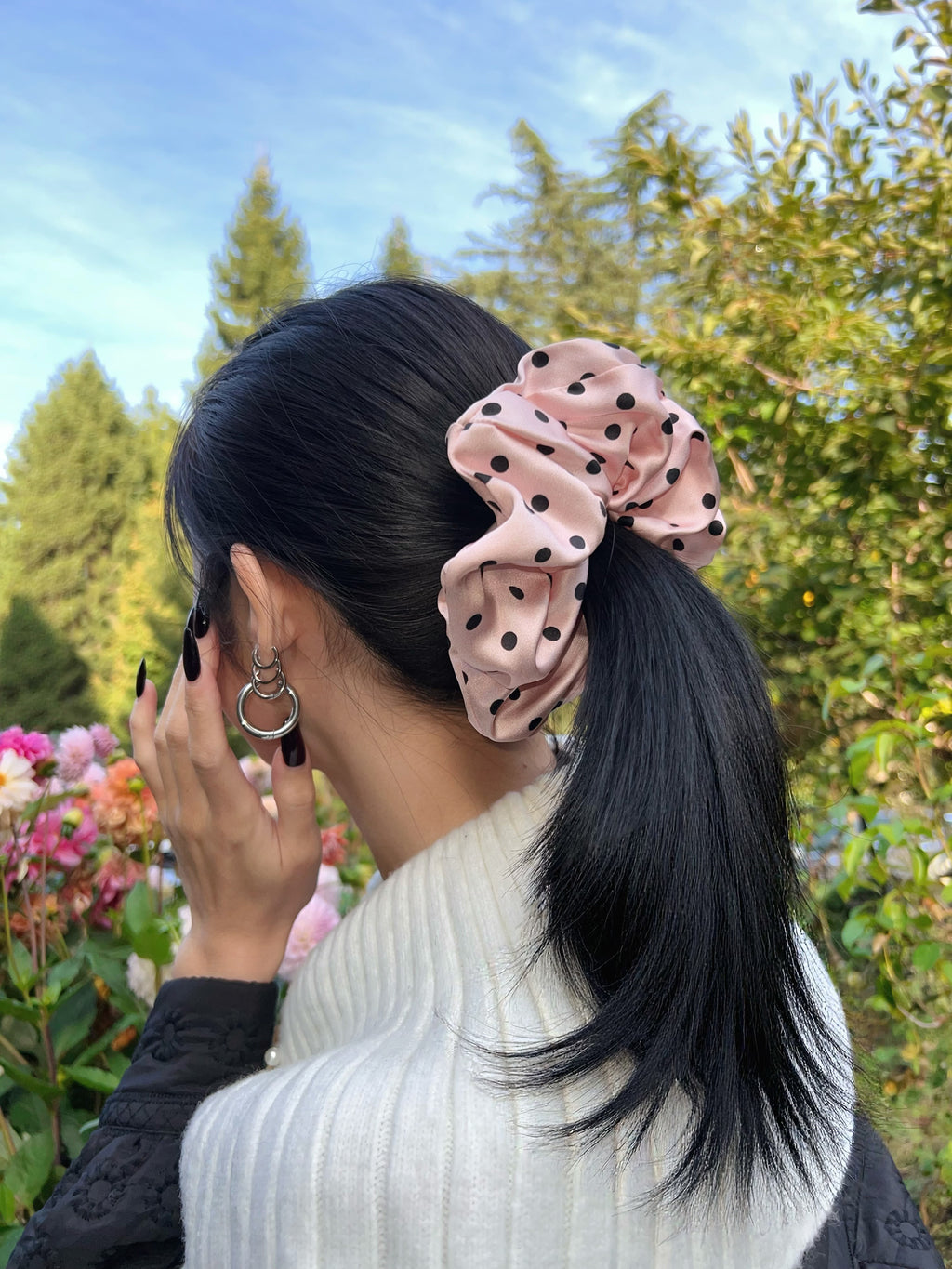Large Dahlia Polka Mulberry Silk Scrunchies