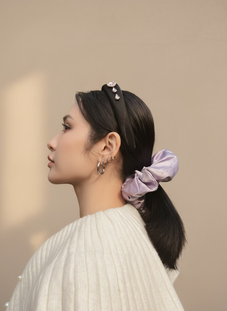 Woman with a ponytail wears Lilac/ Lavender handcrafted 30mm mulberry silk scrunchie and luxurious handmade swarovski crystal headband against a beige background