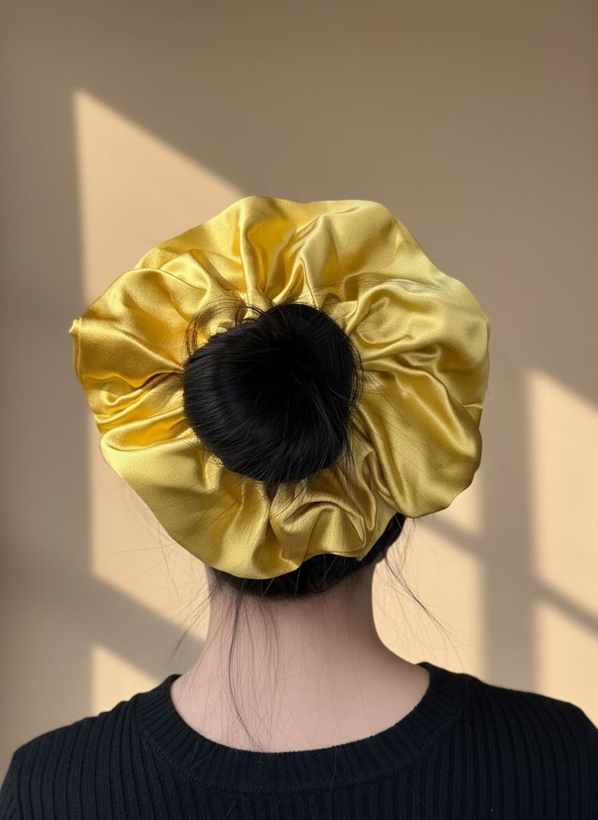 Person wearing a Mustard Yellow handcrafted 30mm mulberry silk scrunchie against a beige wall