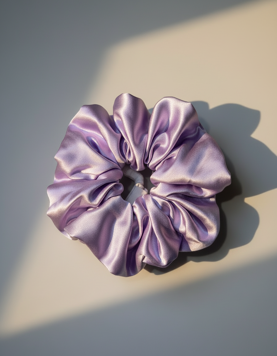 Lilac/ Lavender handcrafted 30mm mulberry silk scrunchie on a light gray background