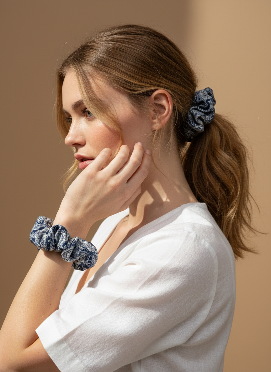 Medium Japanese Denim Prints Scrunchie
