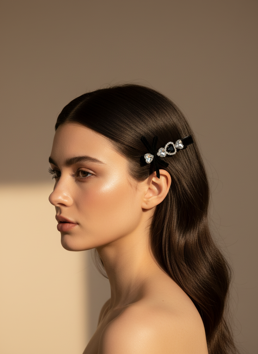 Woman with a heart shape Swarovski crystal hair clip in her brown hair against a beige background