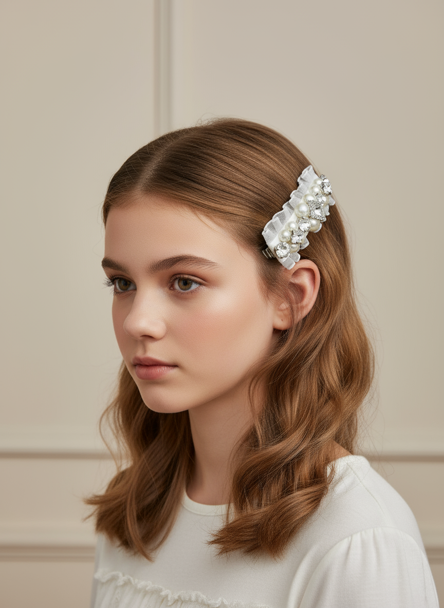 A young girl with a white hair clip with Swarovski crystals and pearls embellished and silky organza  on a neutral background. Only at Petite Murmure