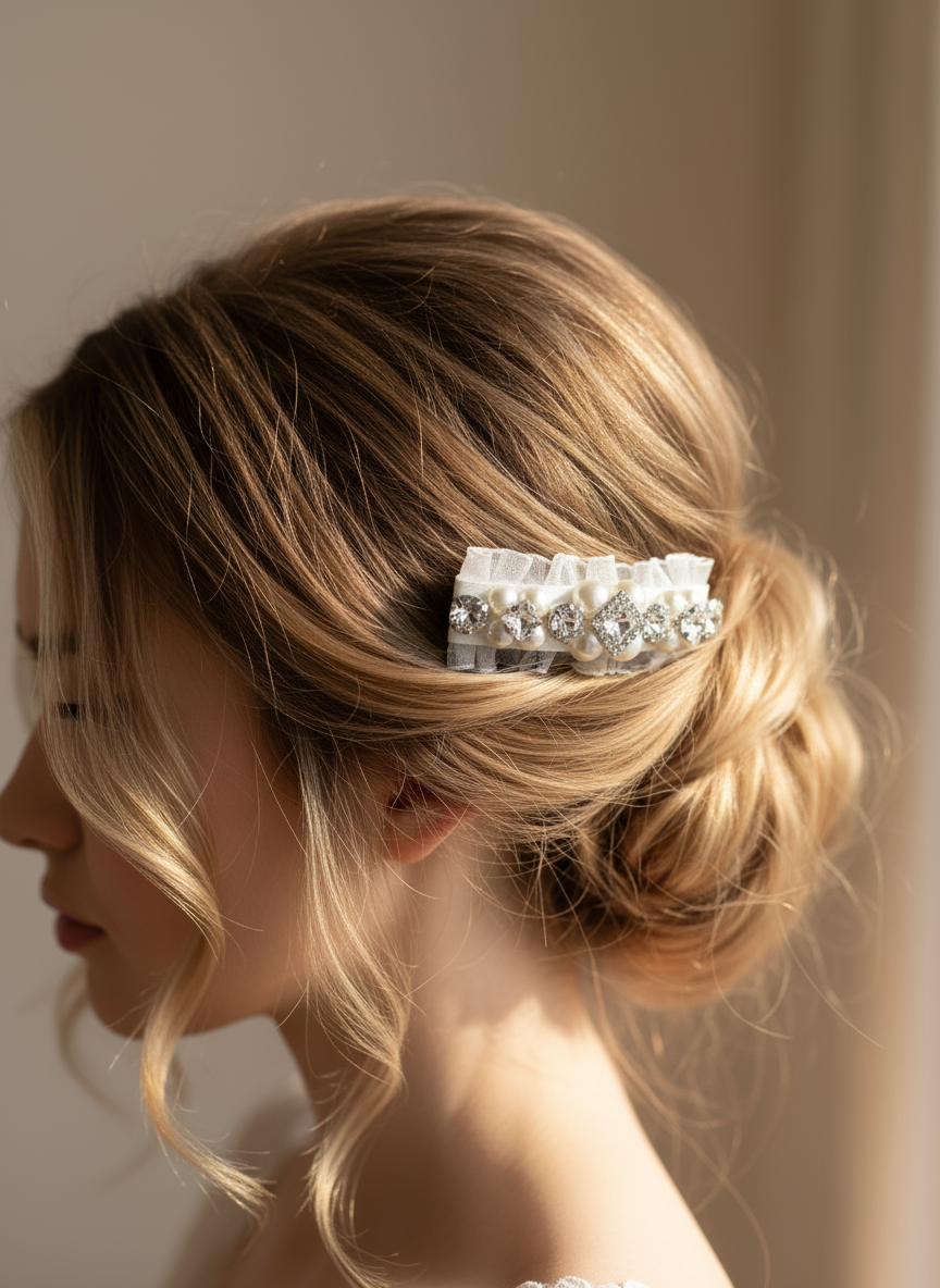 A bride with styled hair featuring a white hair clip with Swarovski crystals and pearls embellished and silky organza against a neutral background. only at Petite Murmure