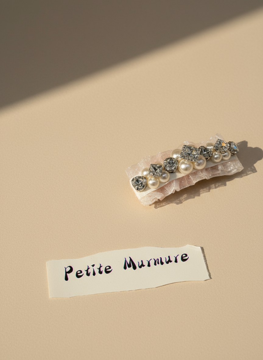 A pink hair clip with Swarovski crystals and pearls embellished and silky organza on a beige background with 'Petite Murmur' label.