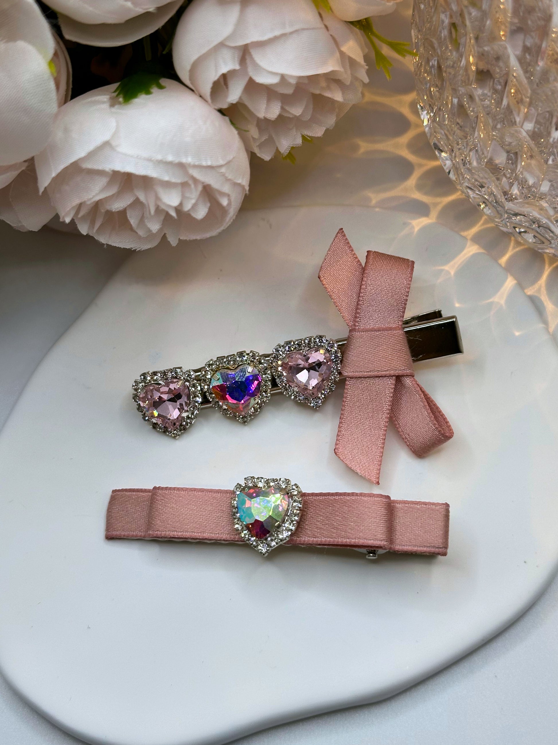 Rosa Hearted Slim Bow Clips Combo