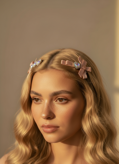 Woman with blonde wavy hair wearing a Two pink decorative hair clips with pink bows and heart shape Swarovski crystal  details against a neutral background