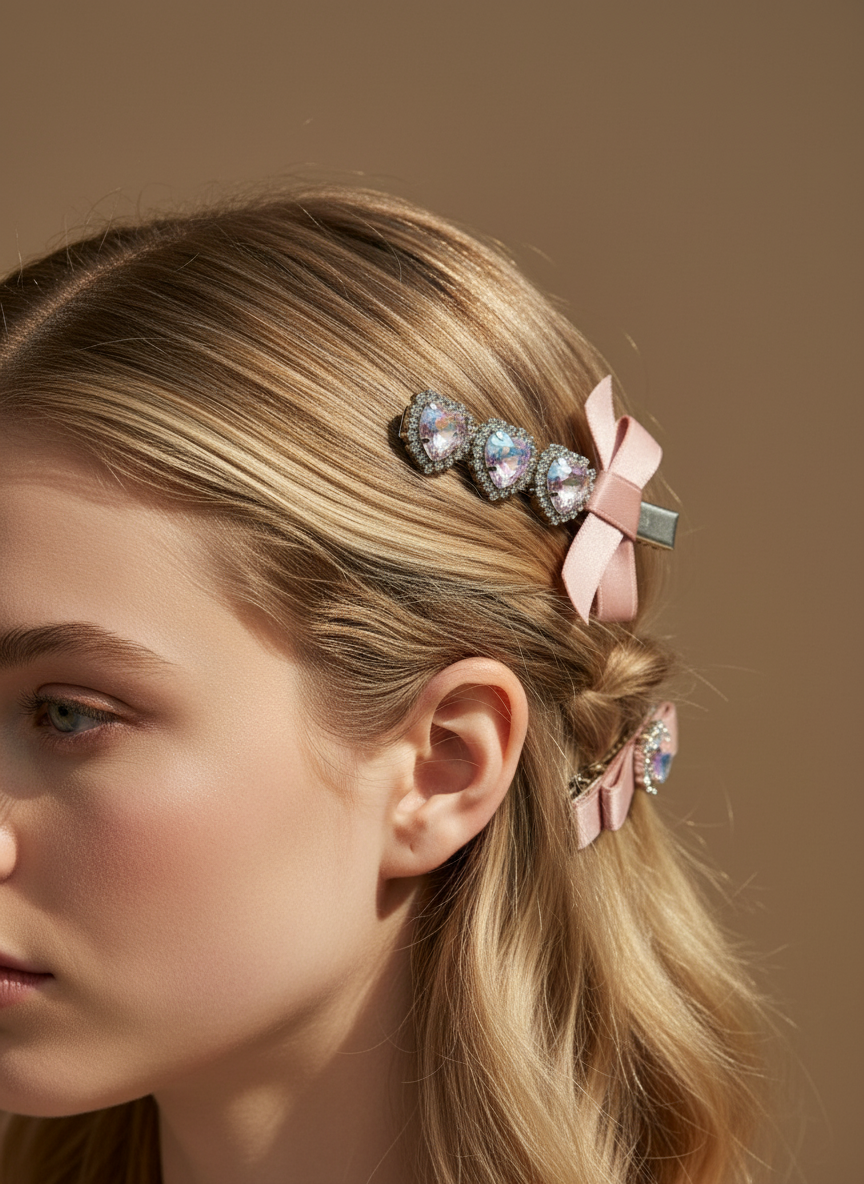 Close-up of a woman's hair with pink decorative hair clip with pink bows and heart shape Swarovski crystal  details hair clips against a neutral background
