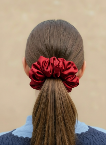 Red handcrafted 30mm mulberry silk scrunchie on a ponytail against a beige background